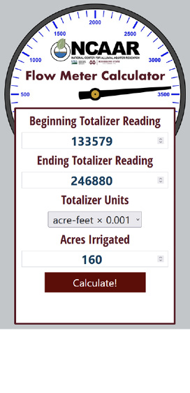 To use the NCAAR Flow Meter Calculator for the example scenario, 133579 was entered as the beginning totalizer reading, 246880 was entered as the ending totalizer reading, acre-feet x 0.001 was selected as the totalizer units, and 160 was entered as the acres irrigated.