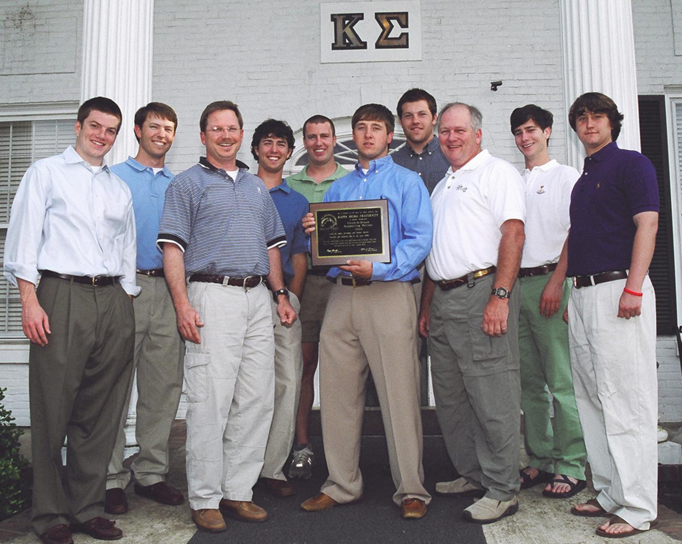 MSU's Kappa Sigma fraternity raised $20,000 for the national Catch-A-Dream Foundation this year through their annual Charity Classic football game against the members of Sigma Chi. Kappa Sigma leadership is pictured here with the plaque they received to commemorate their donation. Pictured from left are: (front row) Newton Wiggins, Darrell Daigre from Mossy Oak, Jim Hunter Walsh, Marty Brunson from Catch-A-Dream, and Phillip Bass; (back row) alumni advisor Kevin Randall, Henry Minor, Hunt Gilliland, Luke Ui