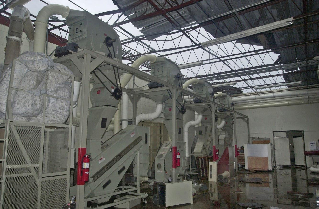 A Sept. 25 tornado opened a "skylight" in the roof over Mississippi State University's mini-gin, which is one of only three of its type in the nation. The mini-gin, located in the Pace Seed Laboratory, is used to process cotton from university research plots and to teach students in the Department of Agricultural and Biological Engineering's gin management program.