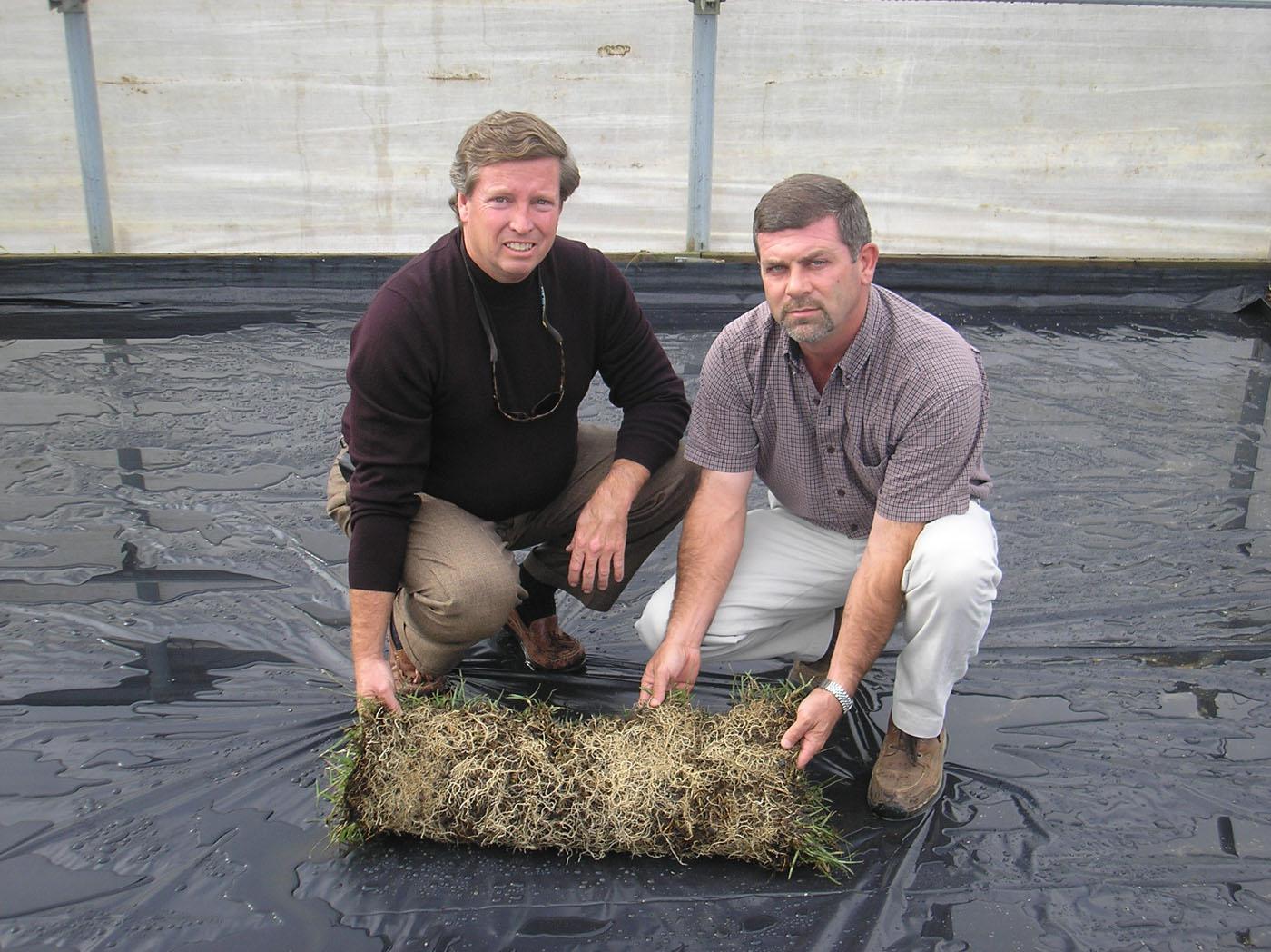 Phillip Jennings Turf Farm in Soperton, Ga., has acquired the rights to commercialize soilless sod produced with technology developed and patented by Mississippi State University. Phillip Jennings, left, the company's president and owner, and Mike Fulghum hold a completed section of soilless sod in a greenhouse ready to receive a new crop.