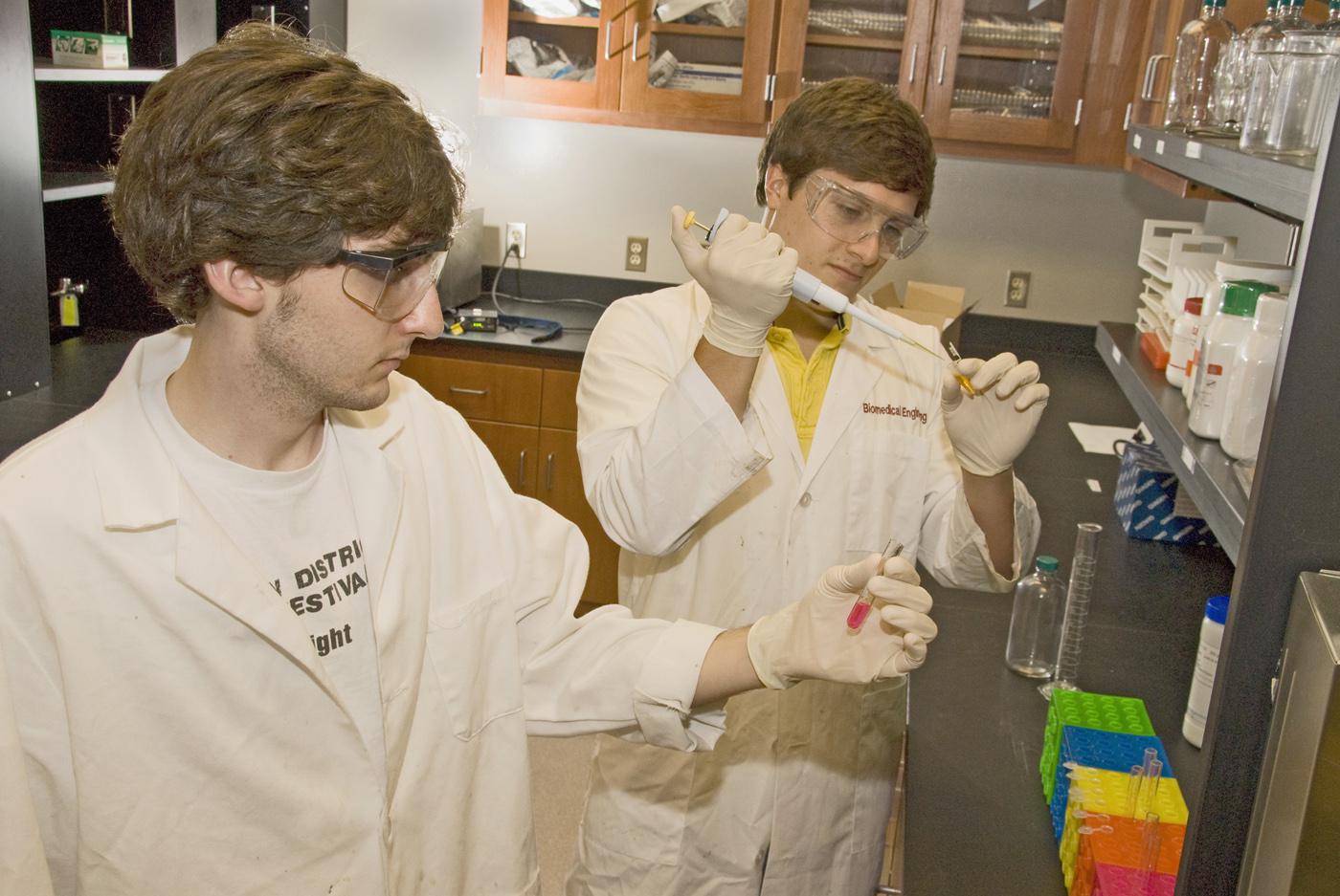 Mississippi State University biological engineering students Sam Pote of Starkville, left, and Caleb Dulaney of Collinsville conduct their research project on isolating an enzyme that initiates lignin breakdown in plant cells. (Photo by Marco Nicovich)