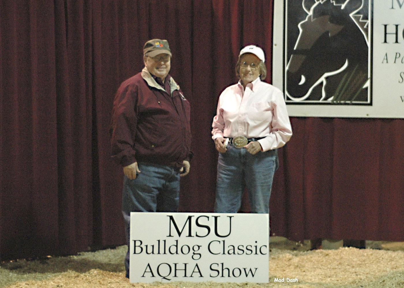 Mary Hopkins, right, played an instrumental role in starting the Bulldog Classic AQHA show in the early 1960s. She visits with Terry Kiser, animal and dairy sciences department head at Mississippi State University, at the Mississippi Horse Park in Starkville where the oldest quarter horse show in Mississippi is held. (Photo by Mad Dash Photography)