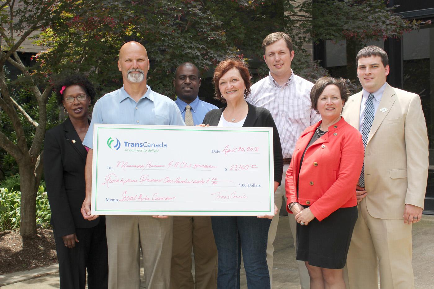Representatives from TransCanada, Mississippi State University Extension Service and the University of Tennessee met in Jackson, Tenn. for a check presentation ceremony celebrating the donation of nearly $30,000 to 4-H. Those present include (front, from left) James Ethridge, Sardis area manager, TransCanada; Laura Noble, mid-America region, community investment coordinator, TransCanada; and Donna Eason-Pile, assistant development director, UT Extension; (back, from left) Paula Threadgill, interim program l