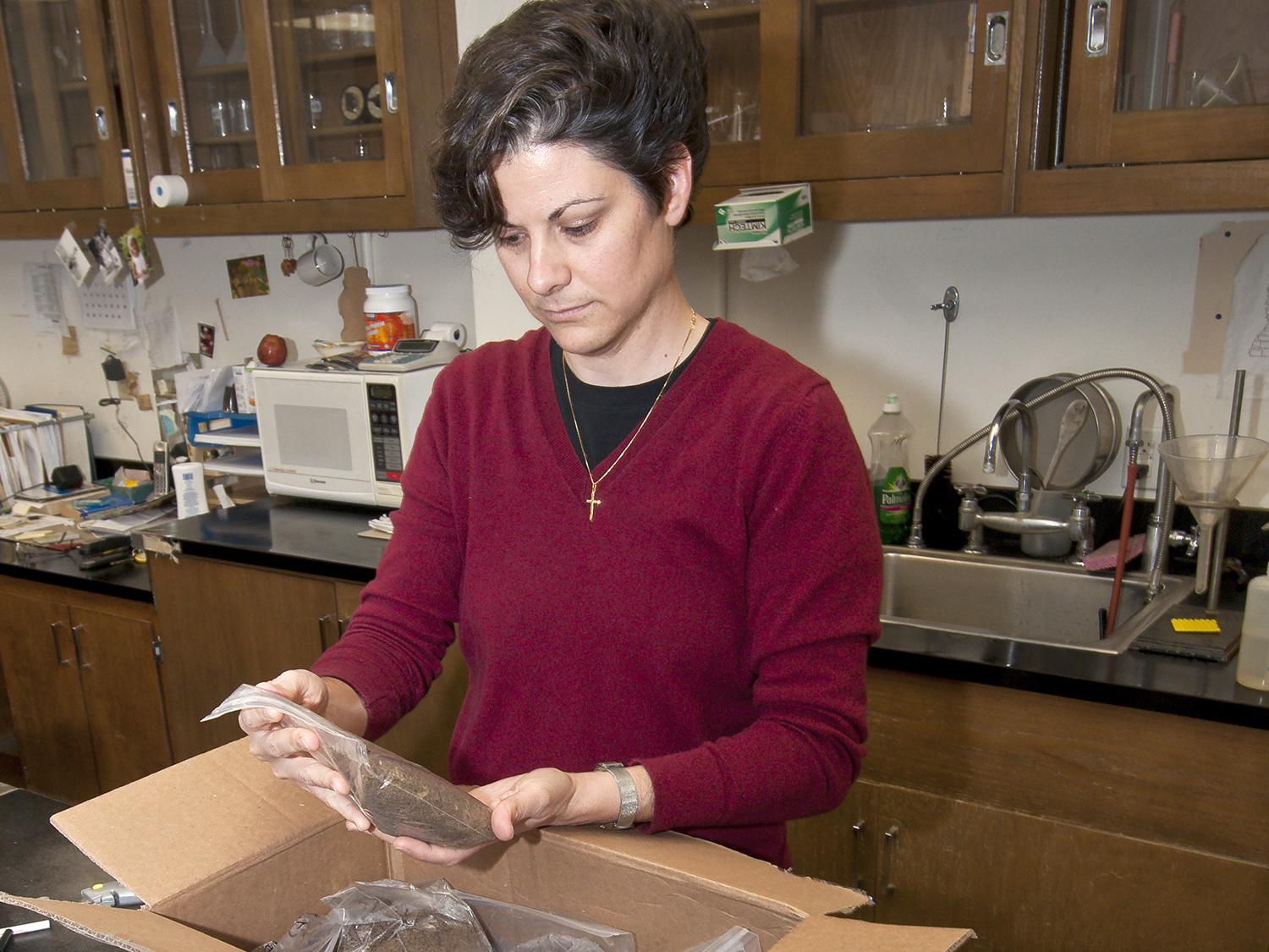 Clarissa Balbalian receives a box of nematode samples sent to the MSU Extension Service Plant Diagnostic Lab for evaluation. A proposed management strategy accompanies each set of test results. (Photo by MSU Ag Communications/Scott Corey)