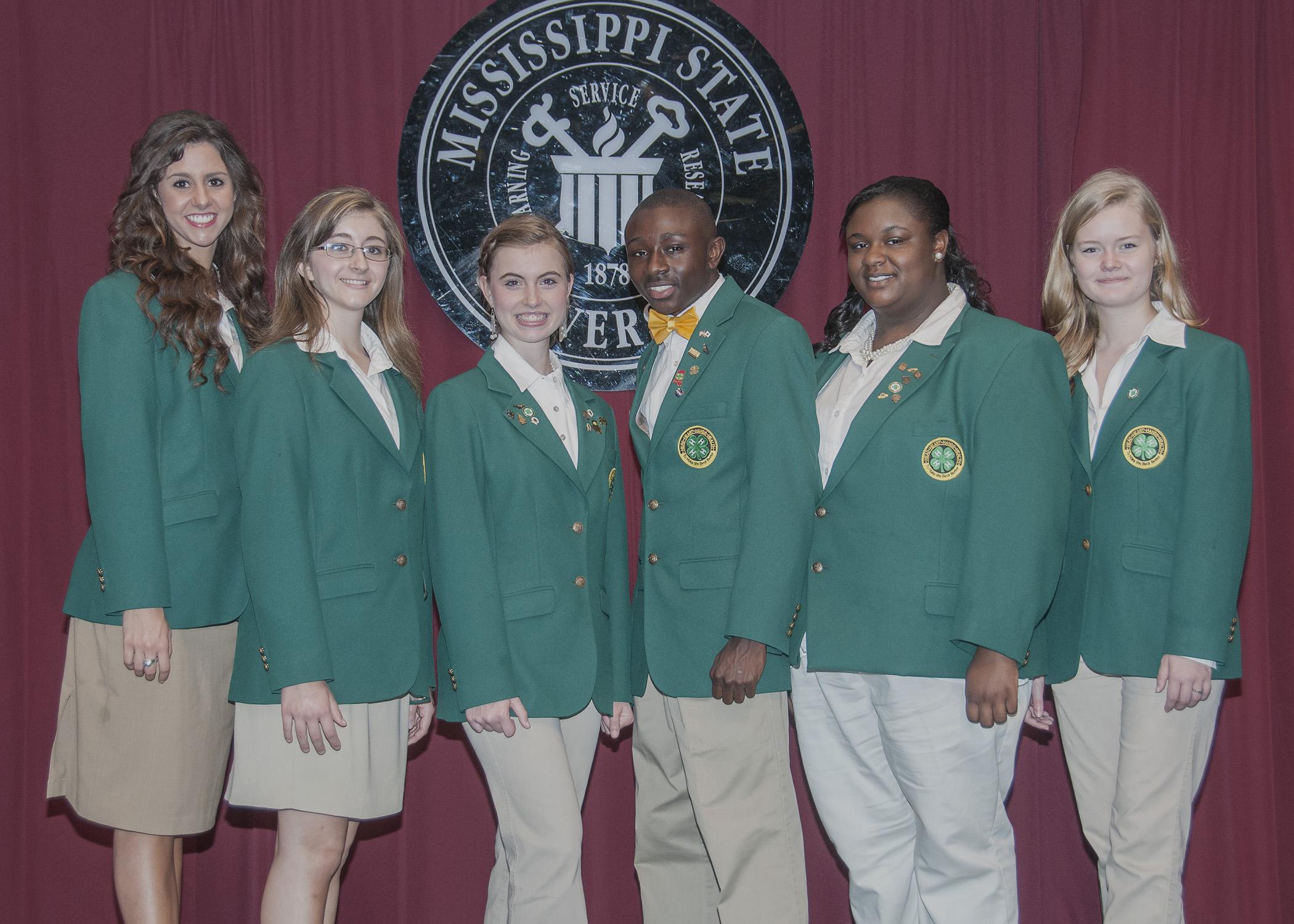 Six 4-H leaders will represent the state at the 2014 National 4-H Conference in Washington, D.C.. From left are: Belle Failla of Hancock County; Marisa Laudadio of Alcorn County; Mary Kate Gaines of Tate County; Mitchell Young of Oktibbeha County; Timera Rodgers of DeSoto County; and Elsa Schmitz of Pearl River County. (Photo by MSU Ag Communications/Scott Corey)