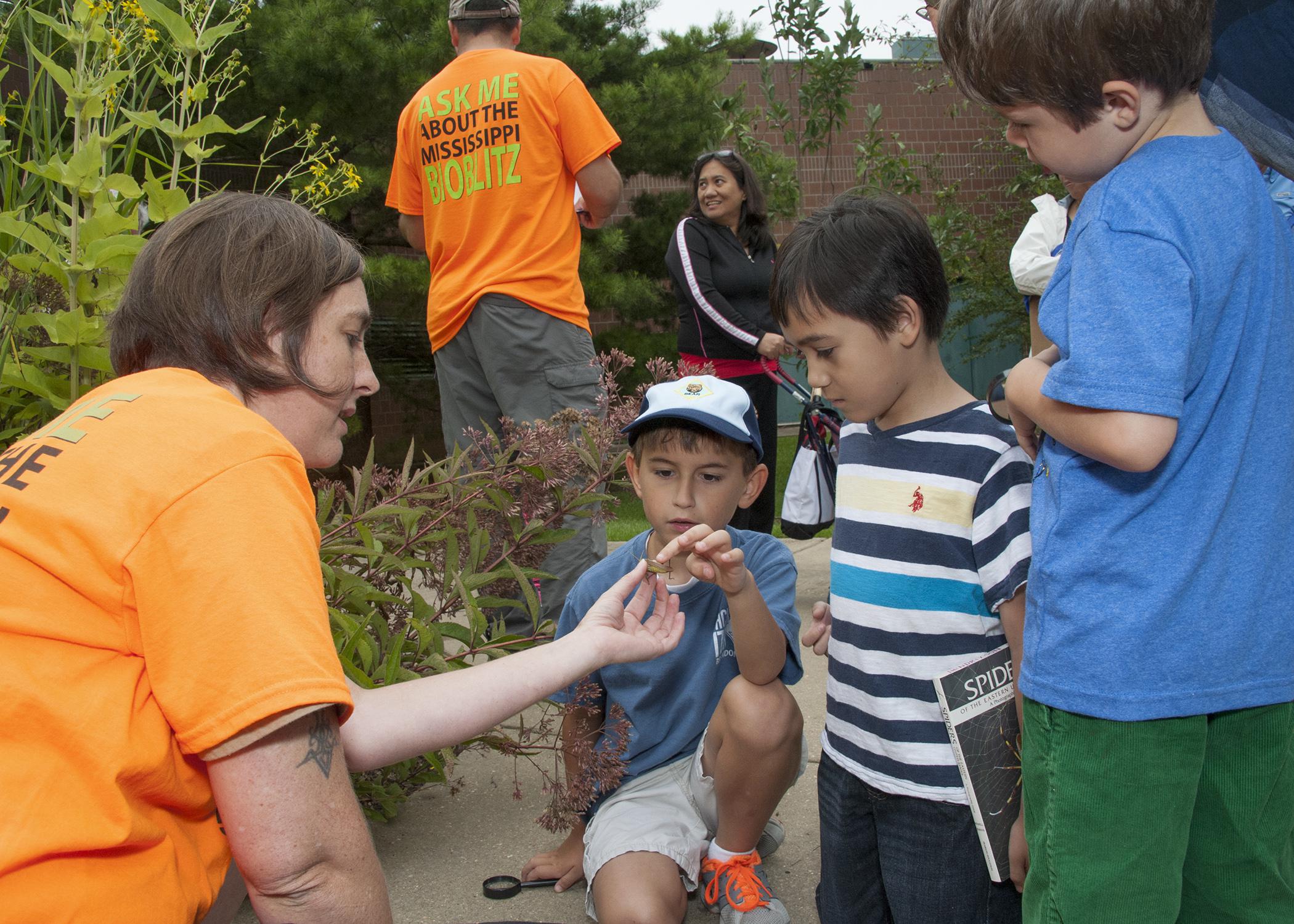 Jennifer Seltzer, a research associate with the Mississippi Entomological Museum at Mississippi State University, talks to Jameson Clancy, sitting, Thomas Taylor and Simon Smith about a grasshopper they found during the BioBlitz Sept. 13, 2014, at the Mississippi Museum of Natural Science. The 13-hour event helped educate the public about local ecosystems. (Photo by MSU Ag Communications/Kat Lawrence)