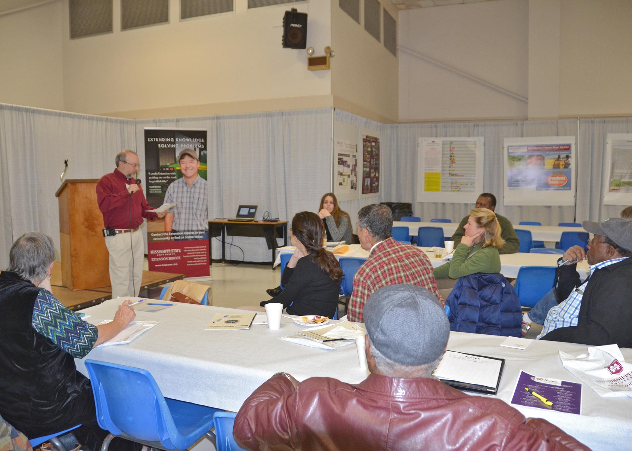 Mississippi State University professor Rick Snyder facilitates the discussion with vegetable growers during the Central Mississippi Producer Advisory Council Feb. 17, 2015, in Raymond, Mississippi. (Photo by MSU Ag Communications/Susan Collins-Smith)