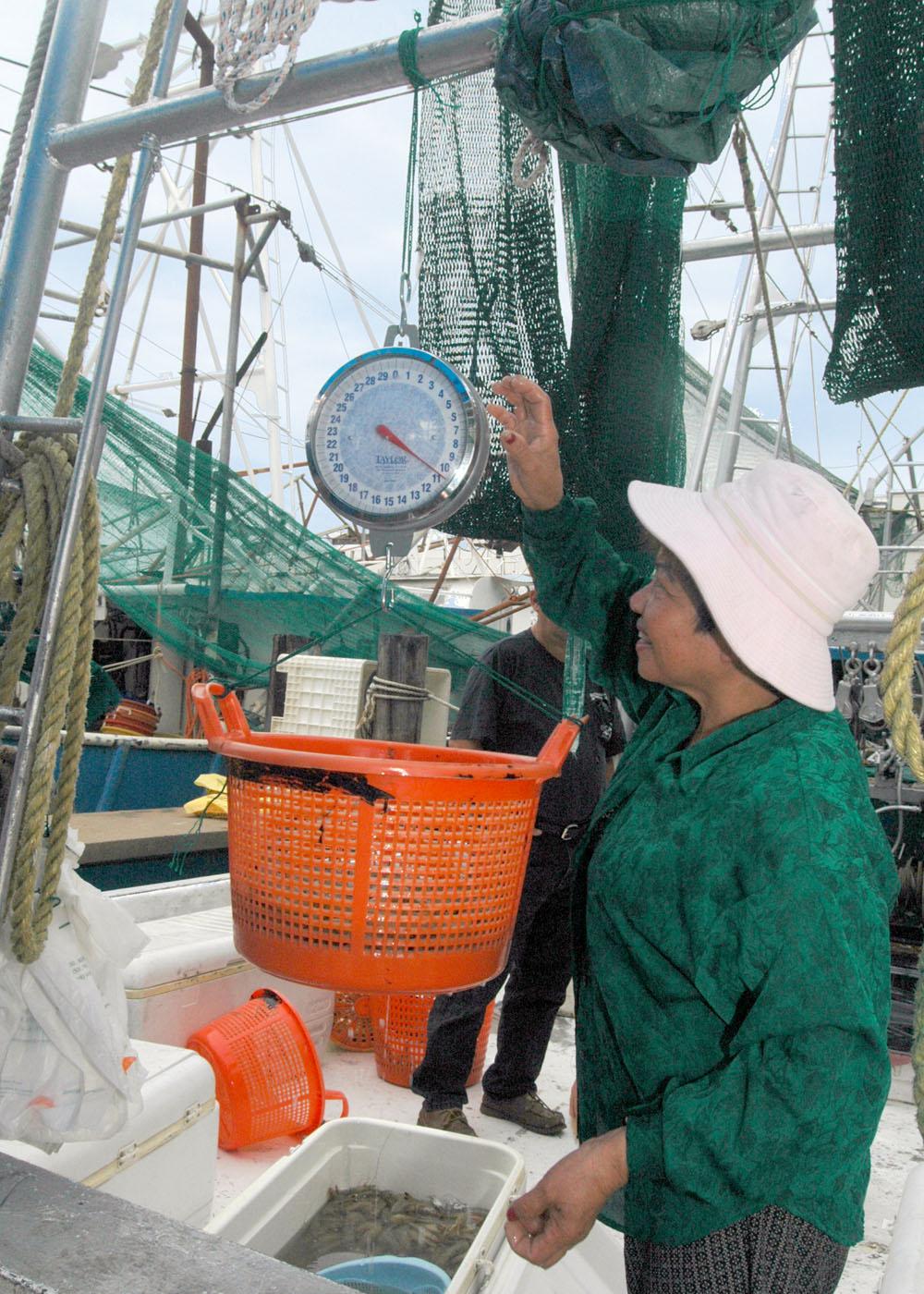 Hoat Bui Thi weighs fresh-caught shrimp for a customer aboard the Lucky Lady at the small craft harbor in Biloxi. (Photo by Bob Ratliff)