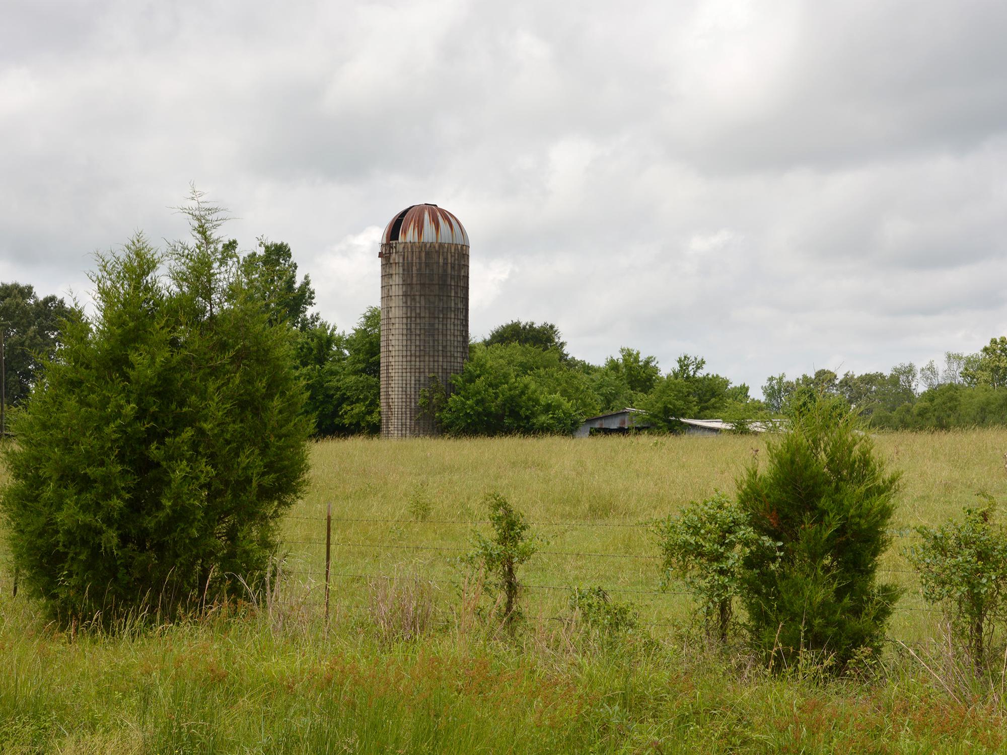 Abandoned corn silage silos dot the Mississippi countryside as towering monuments marking the locations of former dairy farms like this one in Oktibbeha County on May 30, 2014. (Photo by MSU Ag Communications/Linda Breazeale)