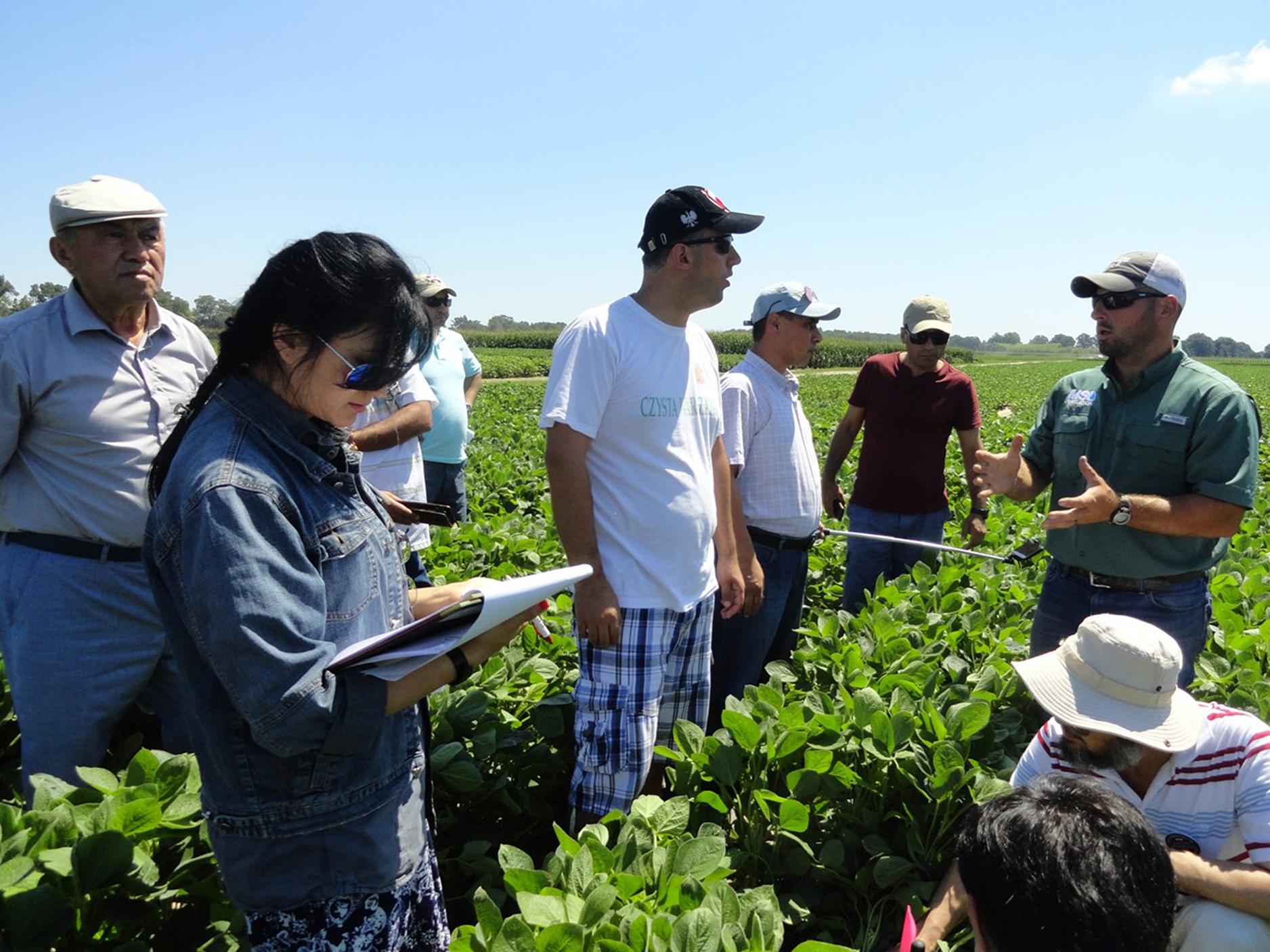 Mississippi State University Extension associate Richard Atwill of the Delta Research and Extension Center in Stoneville, right, explains the peanut crop management process to participants in the Cochran Fellowship Program on June 21, 2017. (Photo submitted by Prem Parajuli)