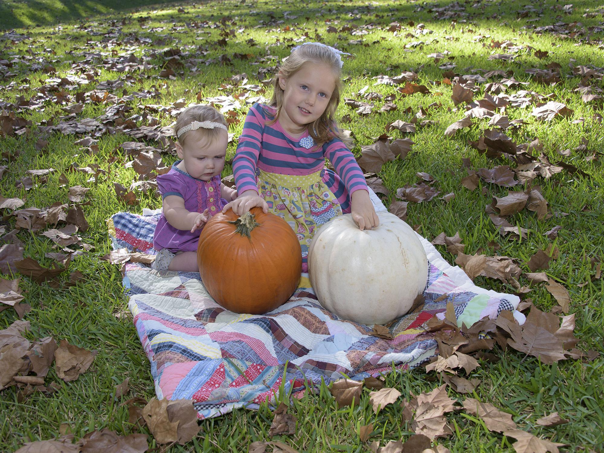 Two young girls sit on a colorful quilt among leaves in the grass as they play with a white and an orange pumpkin.