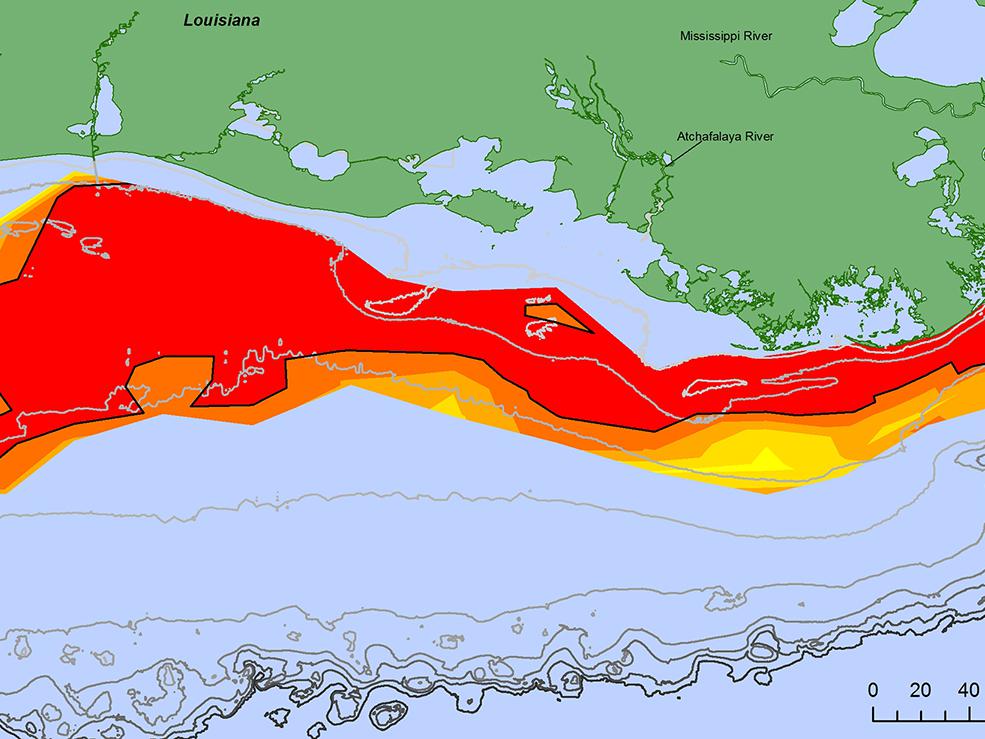 The 2017 Gulf of Mexico dead zone, primarily off the coast of Louisiana, recently measured 8,776 square miles, the largest ever recorded in 32 years of monitoring. Reducing the size of the hypoxic zone is important to ensure continued productivity of the Gulf fishery. (Data source: N.N. Rabalais, Louisiana State University and Louisiana Universities Marine Consortium; R.E. Turner, LSU. Funding: National Oceanic and Atmospheric Administration, National Centers for Coastal Ocean Science, http://www.gulfhypoxi