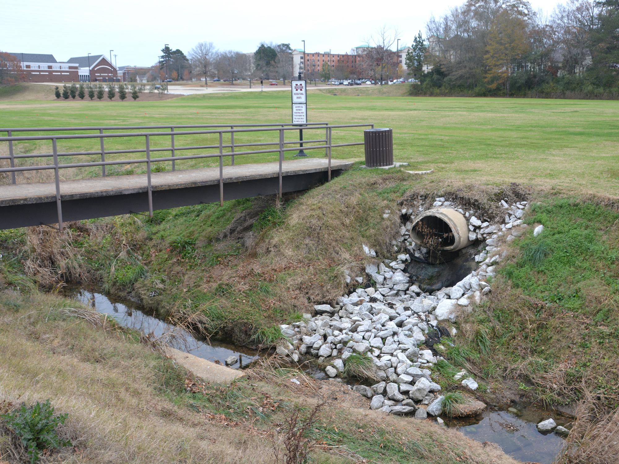A drainage pipe, with stones leading to the creek bed, emptying into Catalpa Creek. 