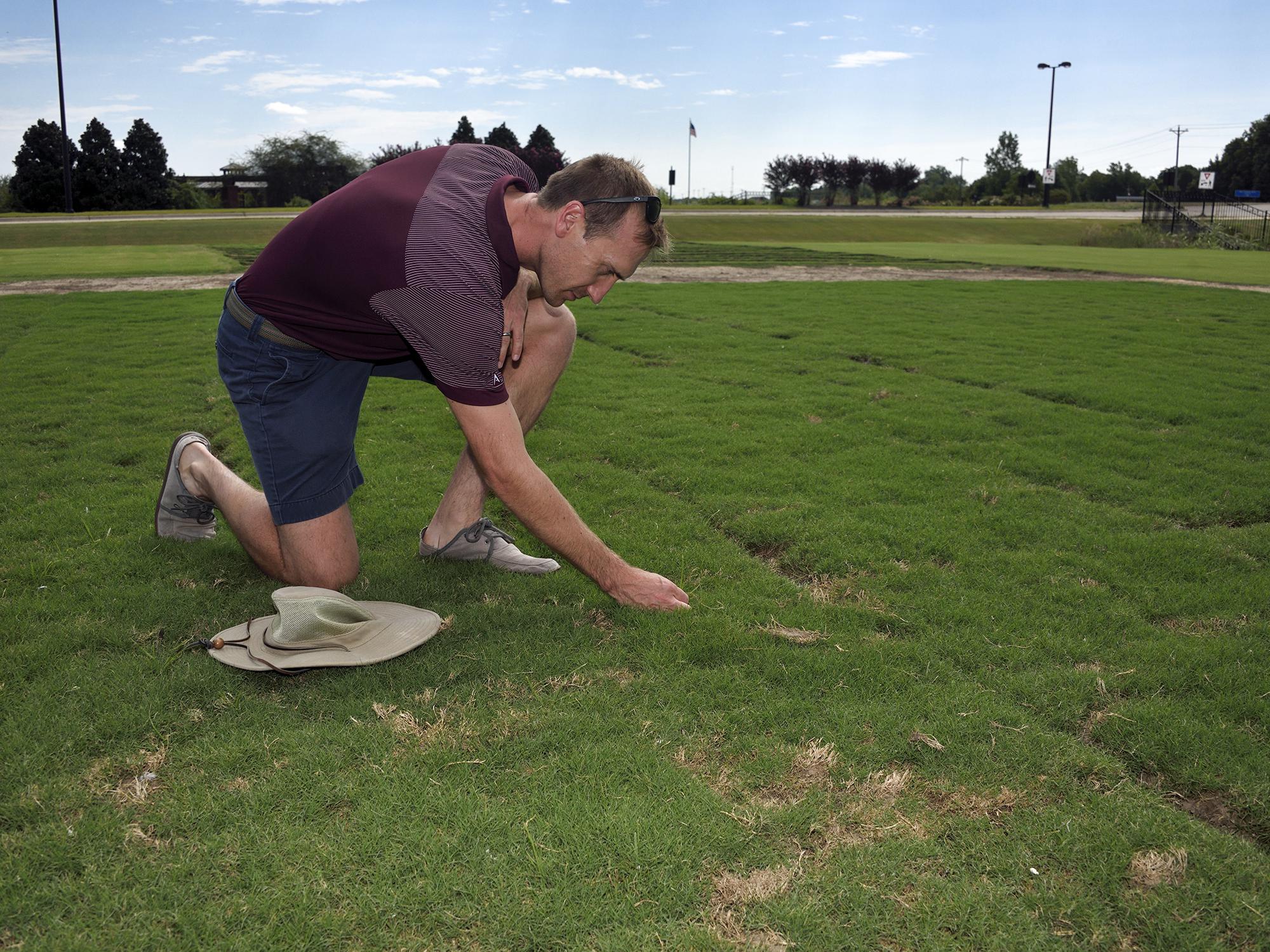 A hat rests on the ground next to a man kneeling down to examine grass.