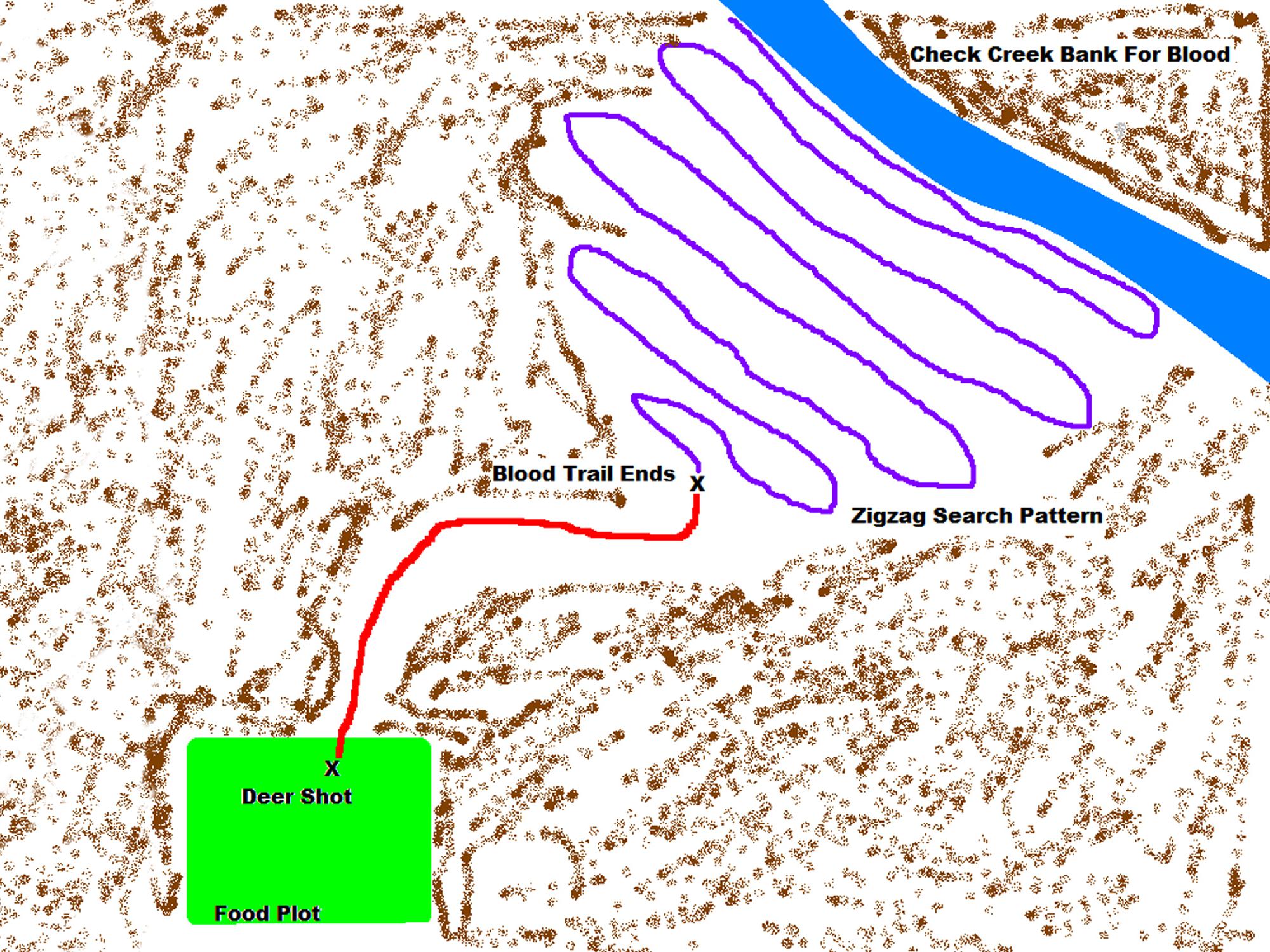 Graphic showing of map a zigzag pattern used to blood trail deer.