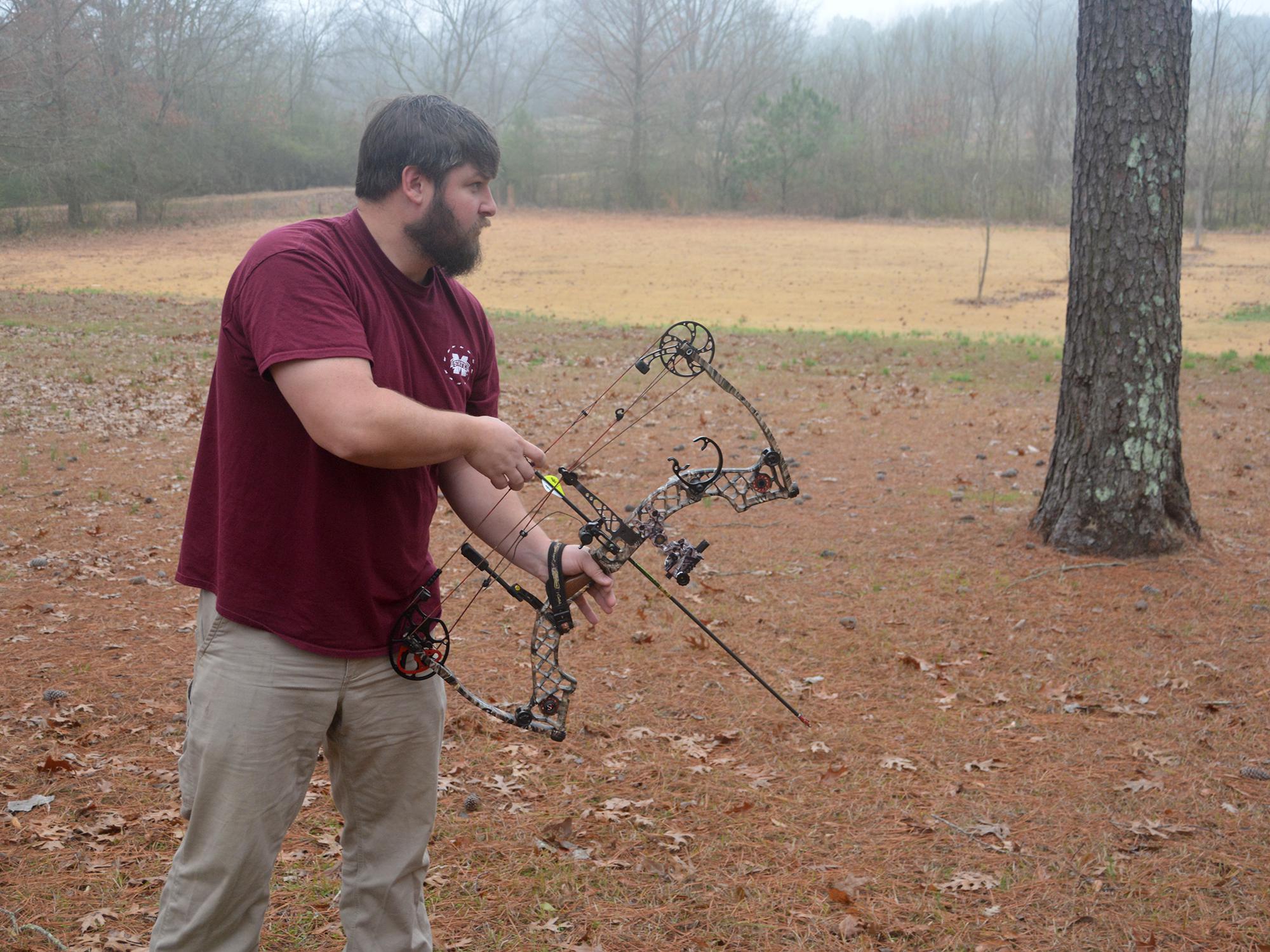 Many archers begin with a compound bow, which uses a system of pulleys and levers to bend the limbs of the bow. (Photo by MSU Extension Service/Linda Breazeale) 