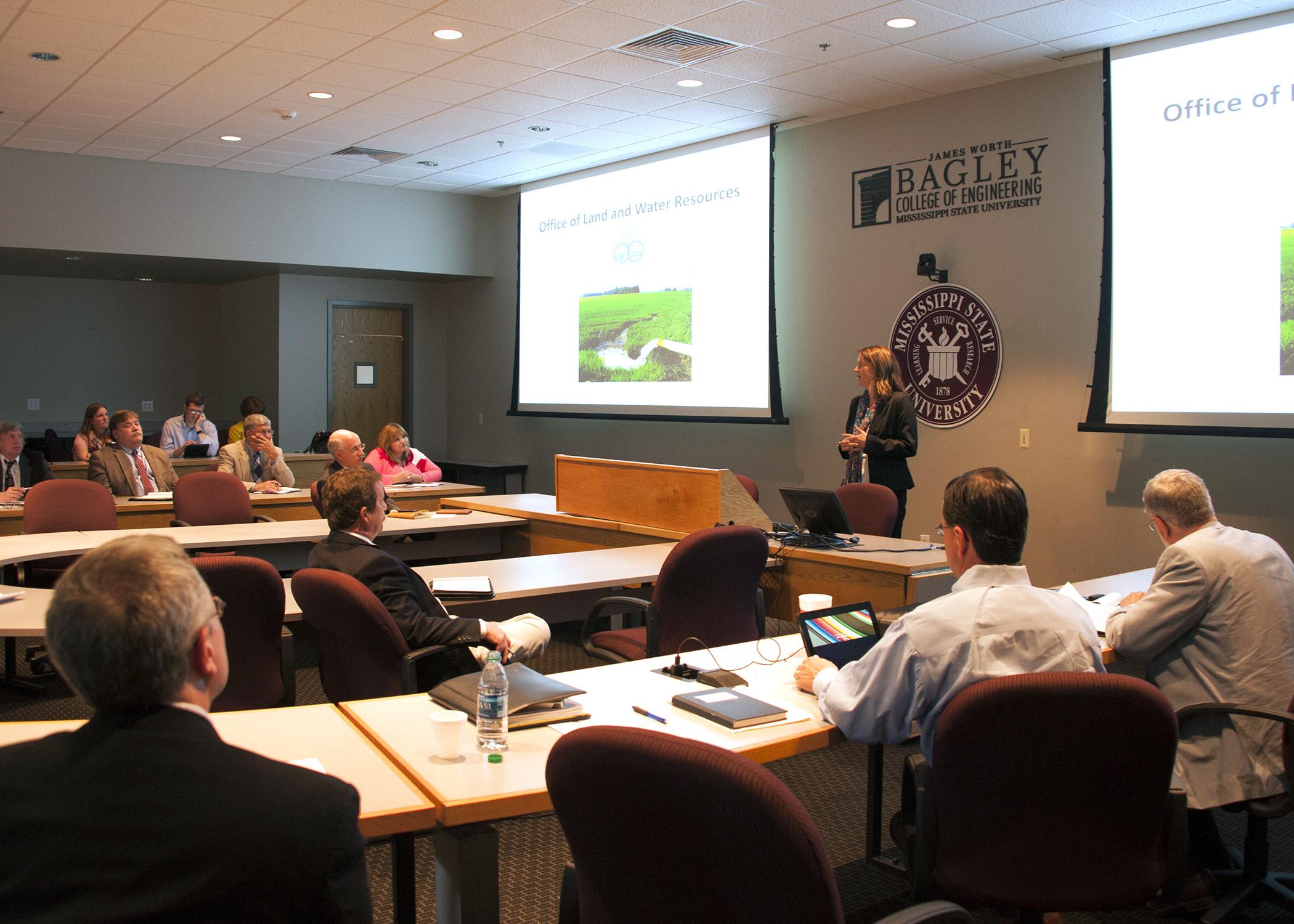 Kay Whittington, director of the Mississippi Department of Environmental Quality Office of Land and Water Resources, speaks to Mississippi State University faculty and administrators during MDEQ's visit to MSU Monday, April 20, 2015. (Photo by MSU Ag Communications/Kat Lawrence)