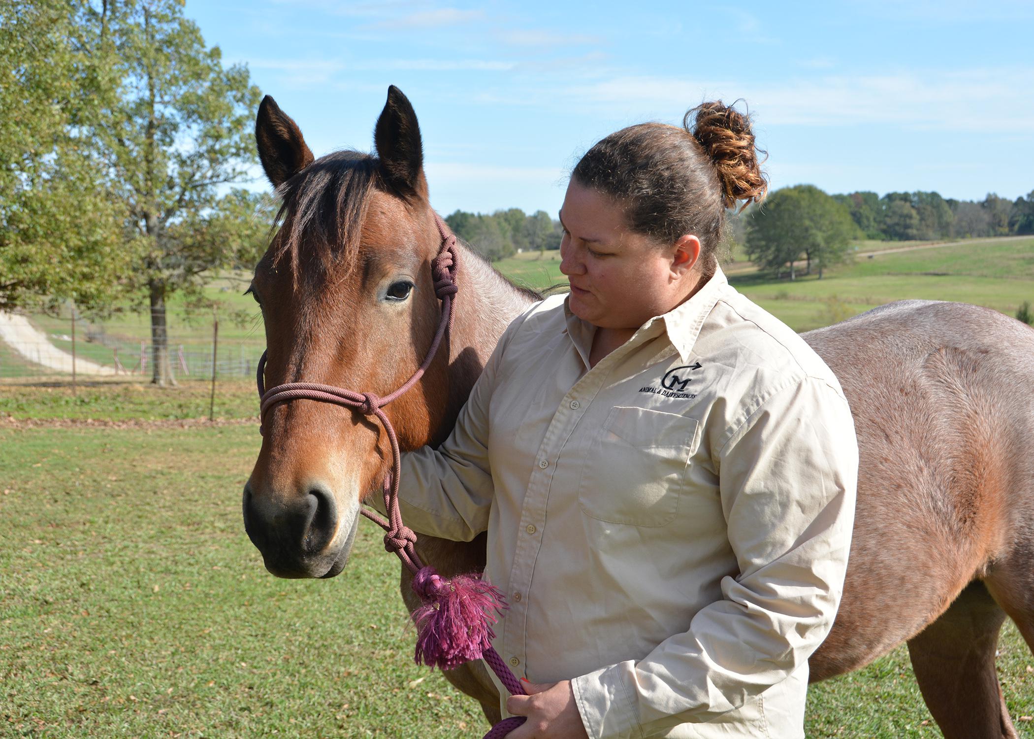 Jamie Burkhardt Speed, an agricultural technician with the Mississippi State University Department of Animal and Dairy Sciences, holds a 2-year-old mare that is for sale in the online auction underway until Nov. 21. The bay roan is one of 24 horses, registered with the American Quarter Horse Association, available from the MSU research herd. (Photo by MSU Extension/Linda Breazeale)