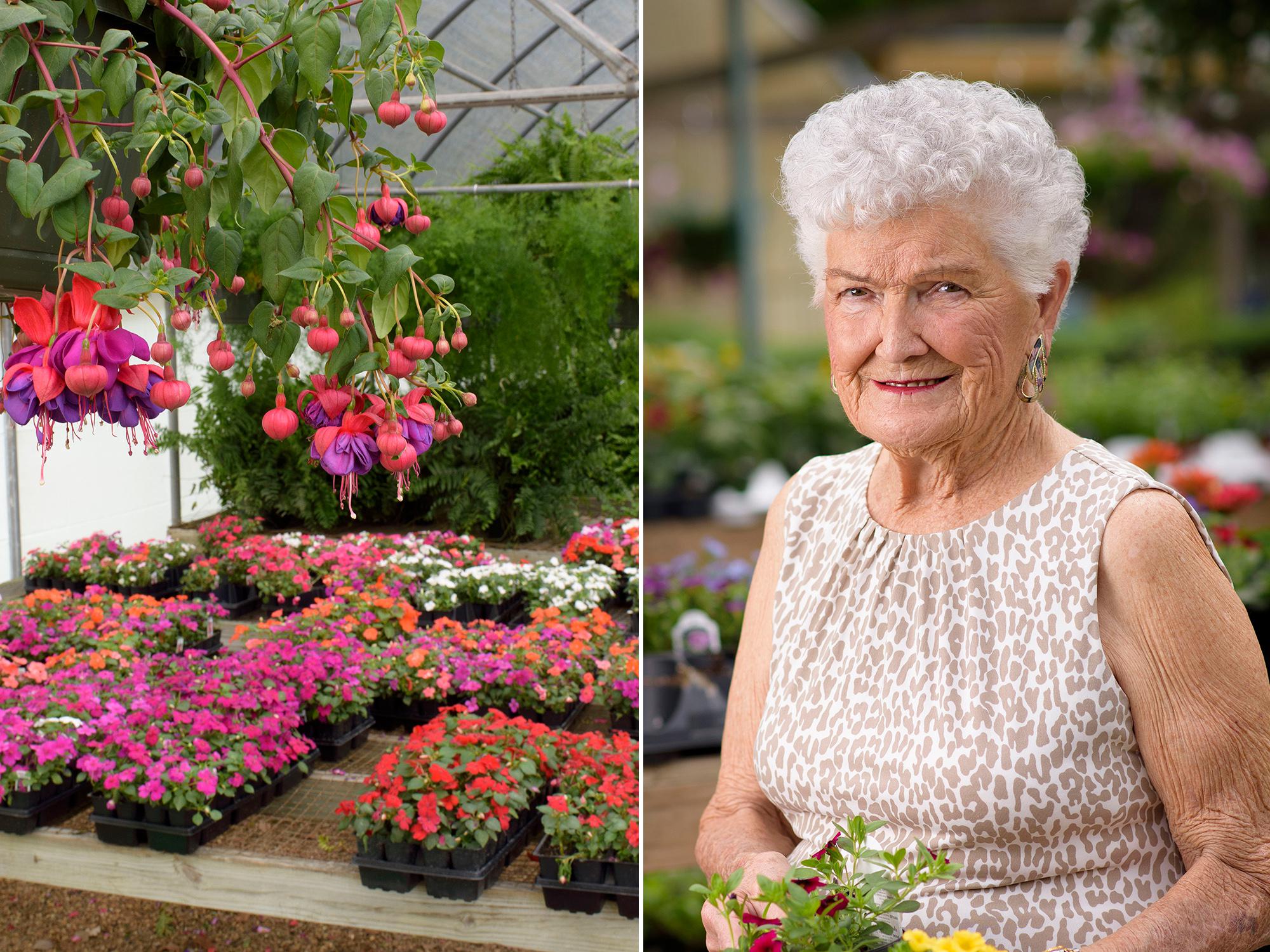 Customers still can find unusual items such as this fuchsia plant (left photo), at The Flower Center in Vicksburg. Bobbie Beard (right), former owner, began the successful horticulture business in her backyard 30 years ago. Her son and daughter-in-law now own the nursery. (Photos by MSU Extension Service/Kevin Hudson)