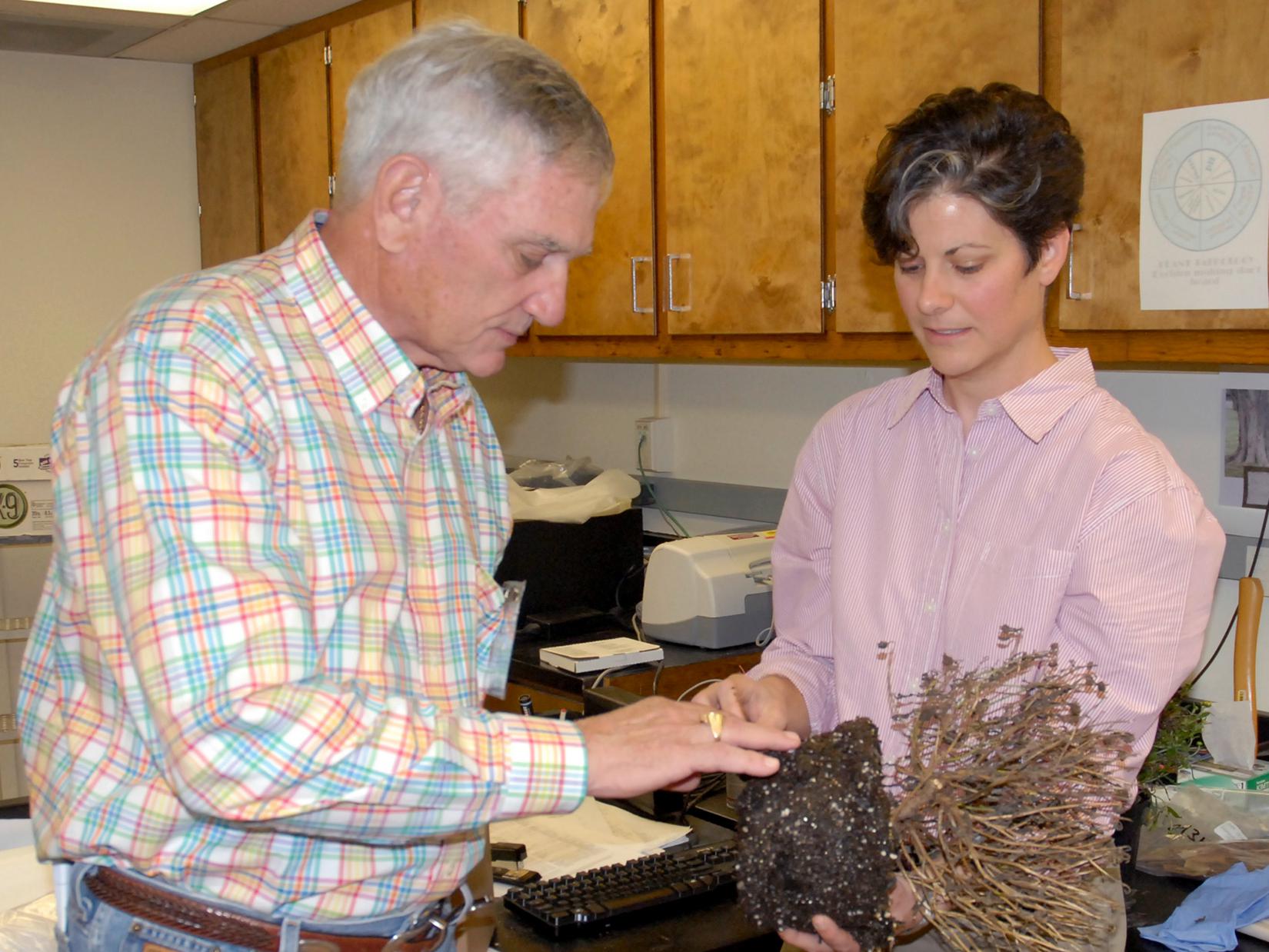 Lynn McMahan of Vancleave, past president of the Mississippi Master Gardeners, learns about plant diseases from Clarissa Balbalian, manager of the Mississippi State University Extension Service's plant diagnostic lab, during campus tours in 2013. (File photo by MSU Ag Communications/Linda Breazeale)
