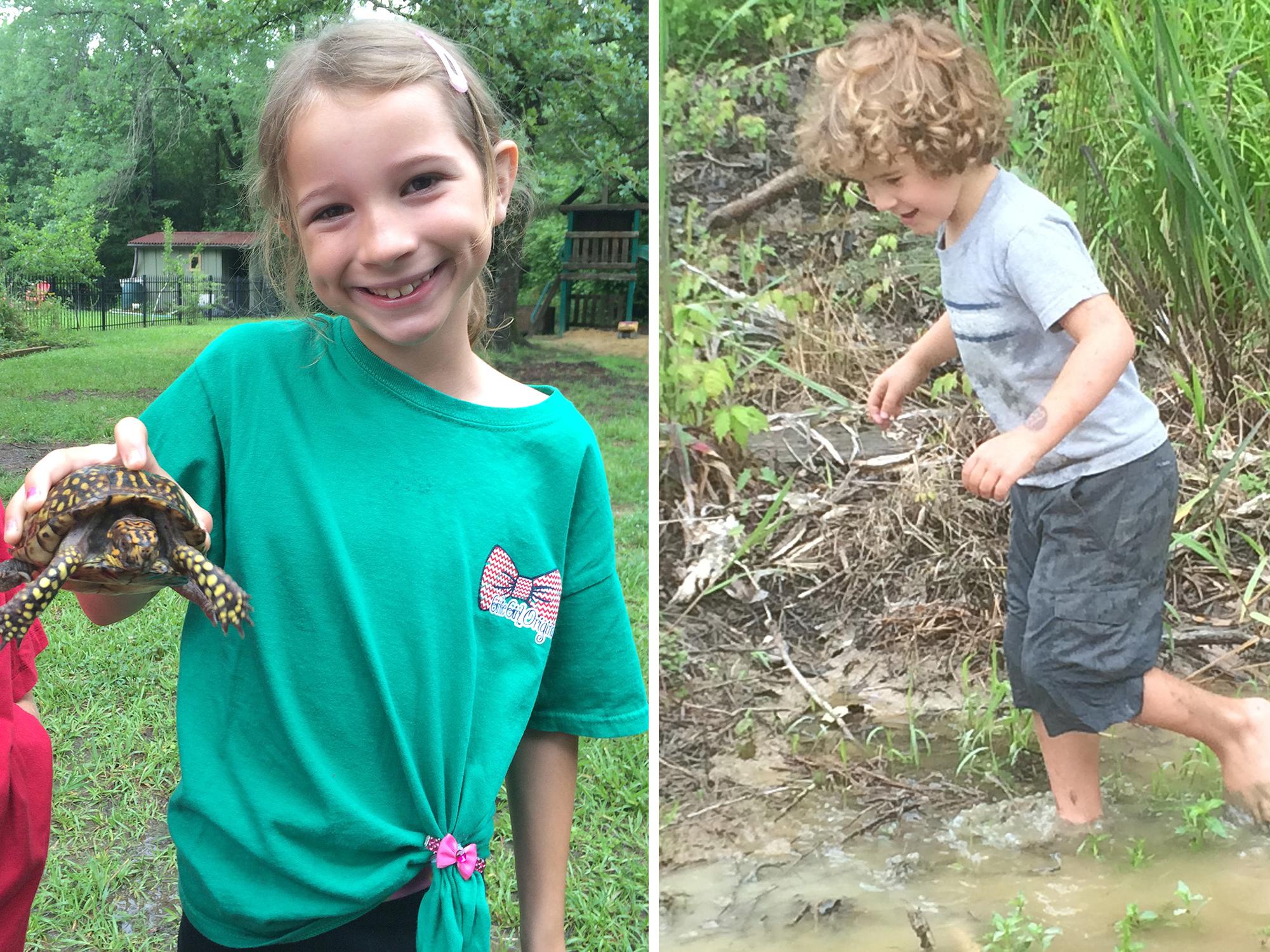 Children do not have to leave the city limits; they can explore nature in their own backyards. Eastern box turtles (left), which are native to Mississippi, are land dwellers and do not even need ponds to find friends who want to play. Getting dirty is half the fun for children exploring and playing in the great outdoors (right). Rain may drive families inside for a time, but they provide some great water features after the thunder and lightning have passed. (Photos by MSU Extension Service/Evan O’Donnell)