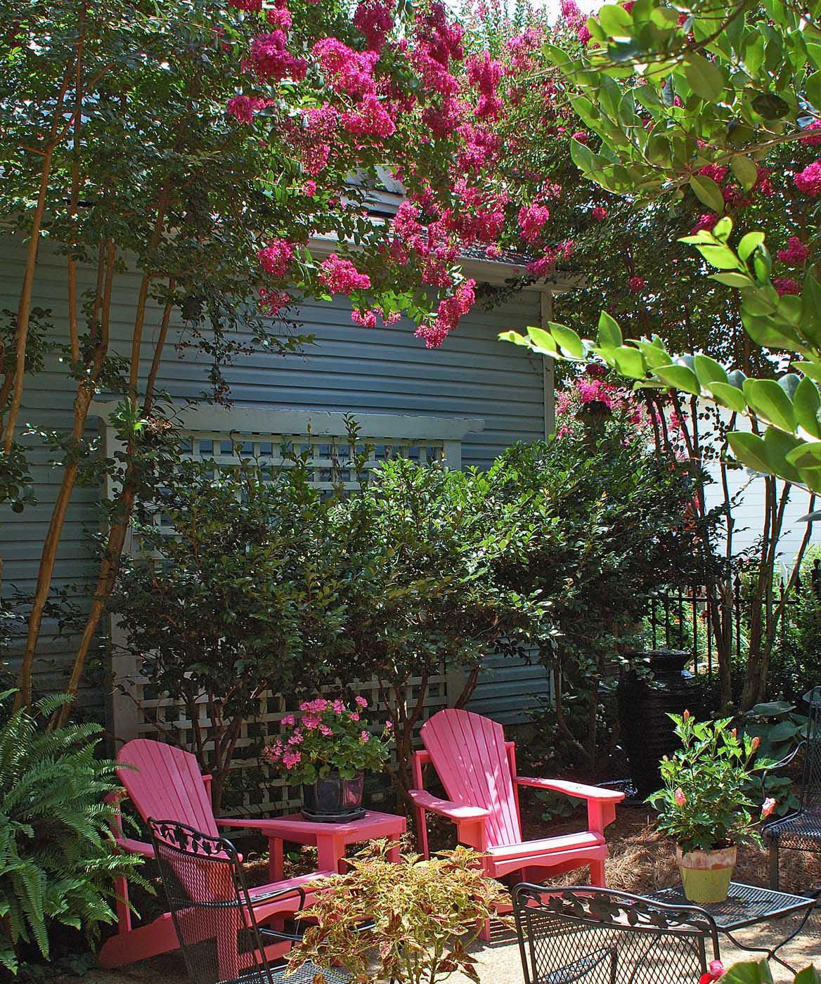 The Adirondack chair is a style of furniture that has stood the test of time and reached heirloom status. These hot pink chairs and matching table are flanked by tall crape myrtles of a similar color.