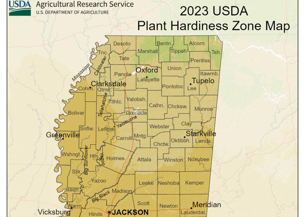 A map shows plant hardiness zones in Mississippi.