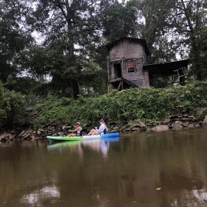Two women paddling a green, white, and blue kayak in front of an old wooden building on top of a grassy bank at the edge of water.