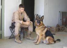 This undated photo shows the handler, Lee, and his dog in Iraq. Lee was killed and Lex was injured in 2007 in a rocket attack in Fallujah. (Photo submitted by Lee family)