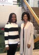 Morgana Freeman, right, congratulates Mississippi State University College of Veterinary Medicine student Courtney Hunter, for winning the 2013 Morgan Freeman Scholarship. The Morgan Freeman scholarship recruits underrepresented minorities to the veterinary profession. (Photo by MSU College of Veterinary Medicine/Tom Thompson)