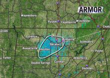 The blue mass circled over a map of Alabama indicates a high concentration of mayflies that swarmed Sept. 4, 2014, and were caught on weather radar. (Submitted Photo by WHNT/Jason Simpson)