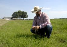 A man wearing a cowboy hat squats down in a grassy field to look at a specimen.