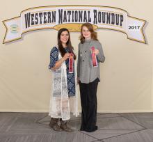 Pontotoc County 4-H members Maegan Curtis (left) and Rheanna Kirby placed seventh in the horse team demonstration at the recent Western National 4-H Roundup in Denver. (Submitted photo)