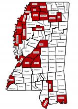 A map of Mississippi shows 22 counties highlighted in red.