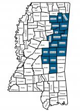 Several counties are highlighted on a map of Mississippi.