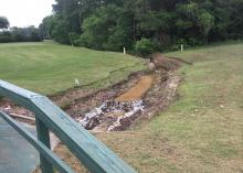 A Mississippi State University associate professor of landscape architecture, working with the Mississippi Water Resources Research Institute, designed this dry swale to reduce nonpoint-source pollution from runoff at a south Mississippi golf course. (Photo by MSU Extension Service/Beth Baker).