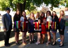 The Mississippi State University Horse Judging Team, which recently was named the Reserve Grand Champion Team at the All American Quarter Horse Congress, is coached by Extension equine specialist Clay Cavinder, pictured with team members, from left, Hannah Miller, Ashley Greene, Ashley Palmer, Samantha Miller, Carlee West, MaeLena Apperson, Hannah Collins and assistant coach Emily Ferjak. (Submitted photo)