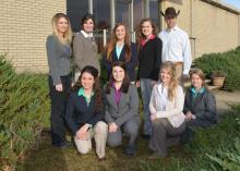 Mississippi State University’s award-winning horse judging team includes (front row, from left) Hannah Collins of Pontotoc; Ashley Greene of Jacksonville, Florida; Samantha Miller of Birmingham; and Ashley Palmer of Jackson; and (back row, from left) Emily Ferjak, graduate student and assistant coach, from Killingworth, Connecticut; Hannah Miller of Starkville; Carlee West of Brooklyn; and MaeLena Apperson of Mocksville, North Carolina. Clay Cavinder coaches the team in its first year of competition. (Photo