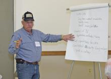 Dale Weaver of Noxubee County leads the grain crops discussion at the Producer Advisory Council meeting in Verona, Mississippi, on Feb. 16, 2017. Mississippi State University Extension Service and the Mississippi Agricultural and Forestry Experiment Station host the annual meeting. (Photo by MSU Extension Service/Kevin Hudson)