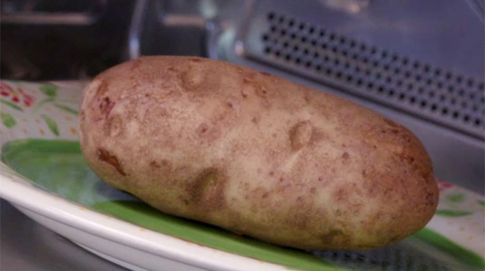 A close-up of a large brown Russet potato on a green plate with a white rim inside a microwave oven.