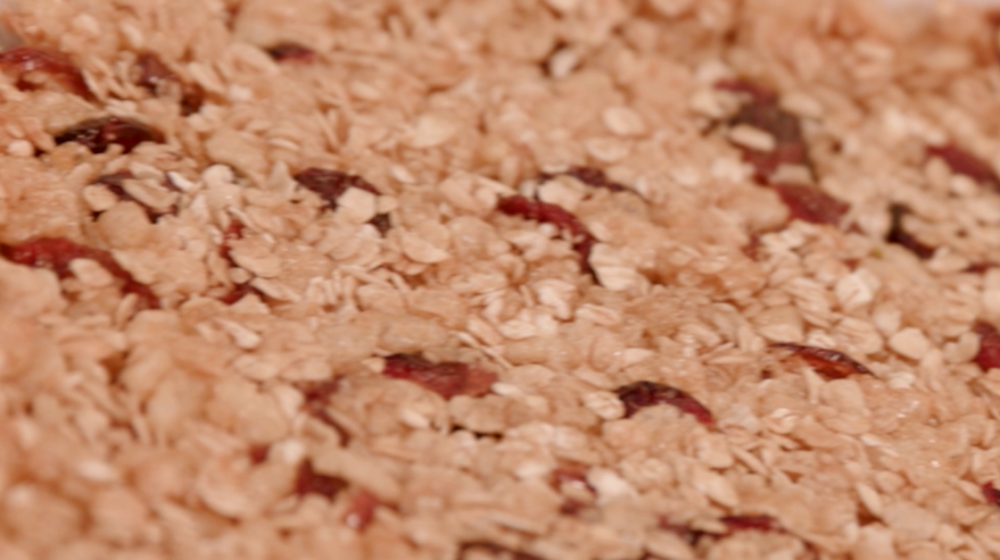 A close-up of honey-cranberry granola bars that shows in fine detail the oats and cranberries.