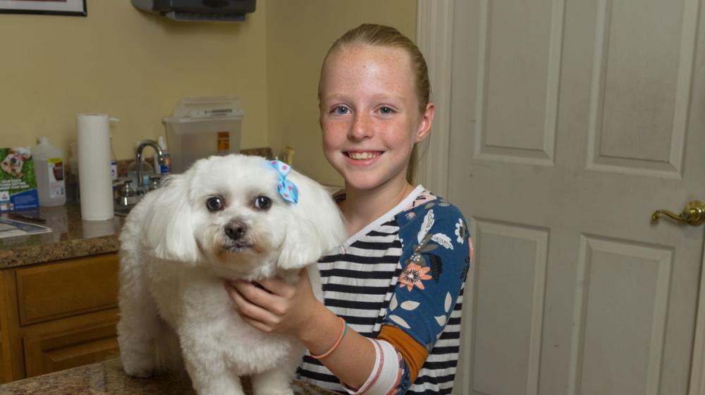 A smiling young girl and a small, white dog with a blue bow on one ear.