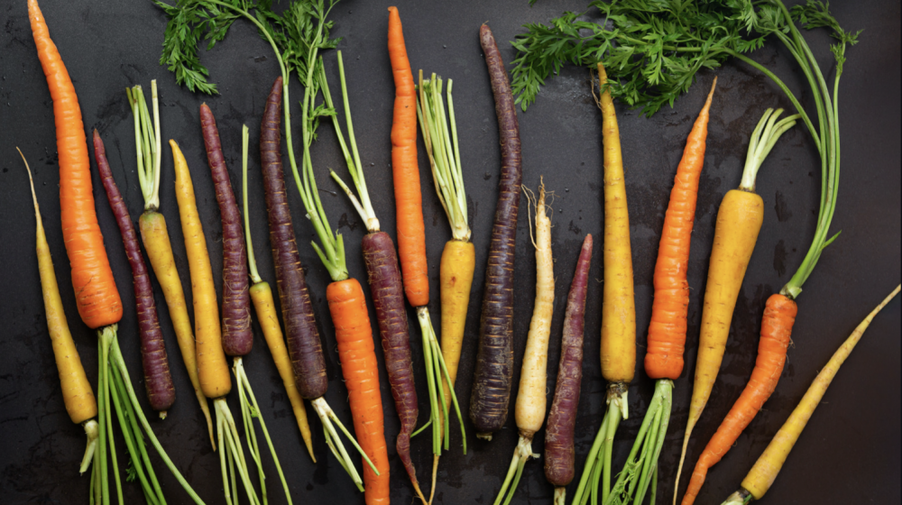 Purple, yellow, and orange carrots.