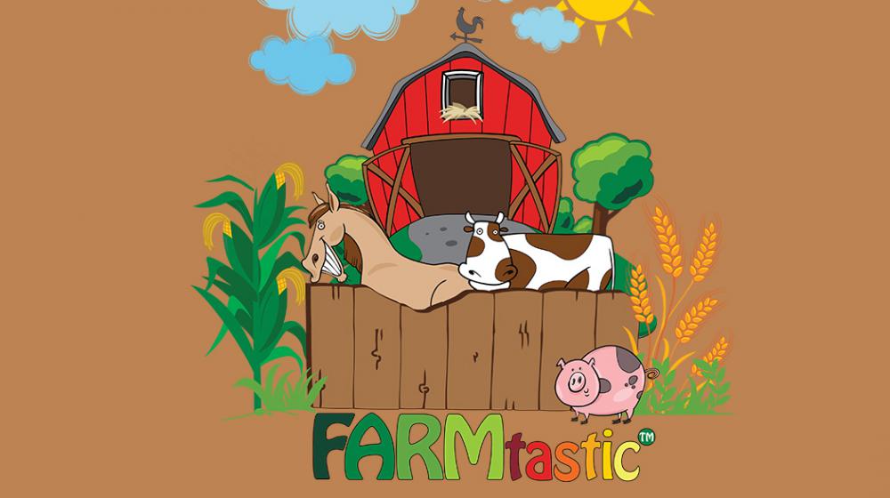 The FARMtastic logo depicts a red barn with a brown wooden fence and features a tan horse, a white and brown cow, a pink pig with gray spots, a corn plant on the left of the fence and a wheat plant on the right.