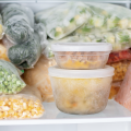Frozen foods in a fridge.
