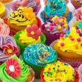 closeup of colorful, decorated cupcakes