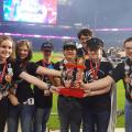 The Rankin County 4-H robotics team, Wait For It, was in the winning alliance of three teams at the FIRST Tech Challenge in Houston, Texas. Members Lilli Stewart, left, Lauren Blacksher, Noah Gregory, Maisyn Barragan, Jordan Hariel, Logan Hariel and Mathew Blacksher are on the playing field of Minute Maid Park in front of 25,000 people to receive their award on April 22, 2017. (Submitted Photo)