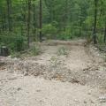 A single-lane dirt road runs through a green forest with a slightly raised dirt structure running across from one side to the other and another similar diversion several yards further up the road.