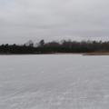 Ice covers a large pond with trees on the far side.