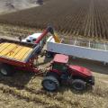 Aerial view of a tractor and a load of grain being transferred.